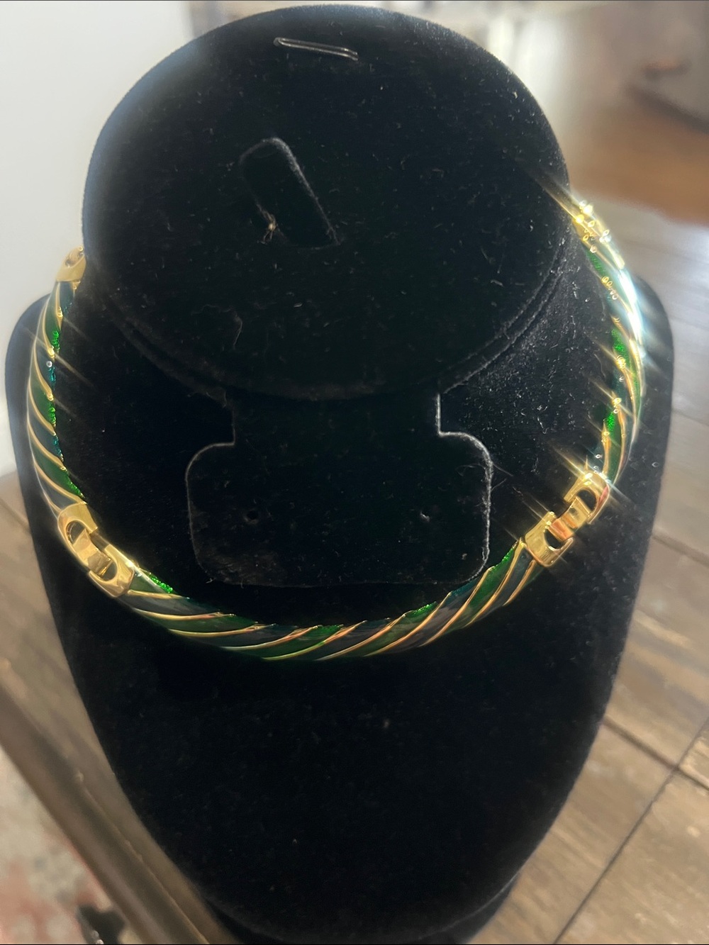 Gold-Tone Twisted Cable Necklace with Green Enamel Accents